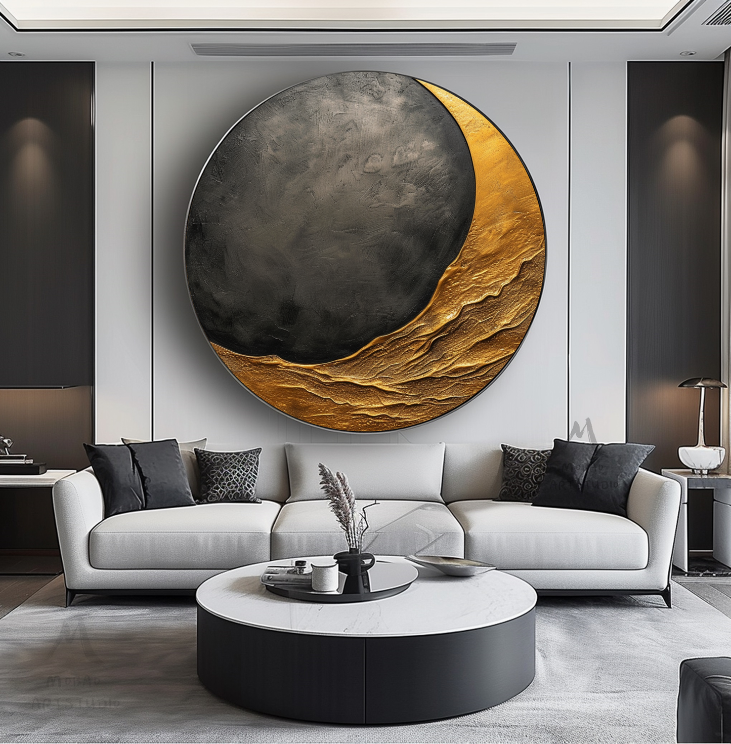 Gorgeous Gold and Black Abstract Circle Wall Art - Textured Modern and Stylish