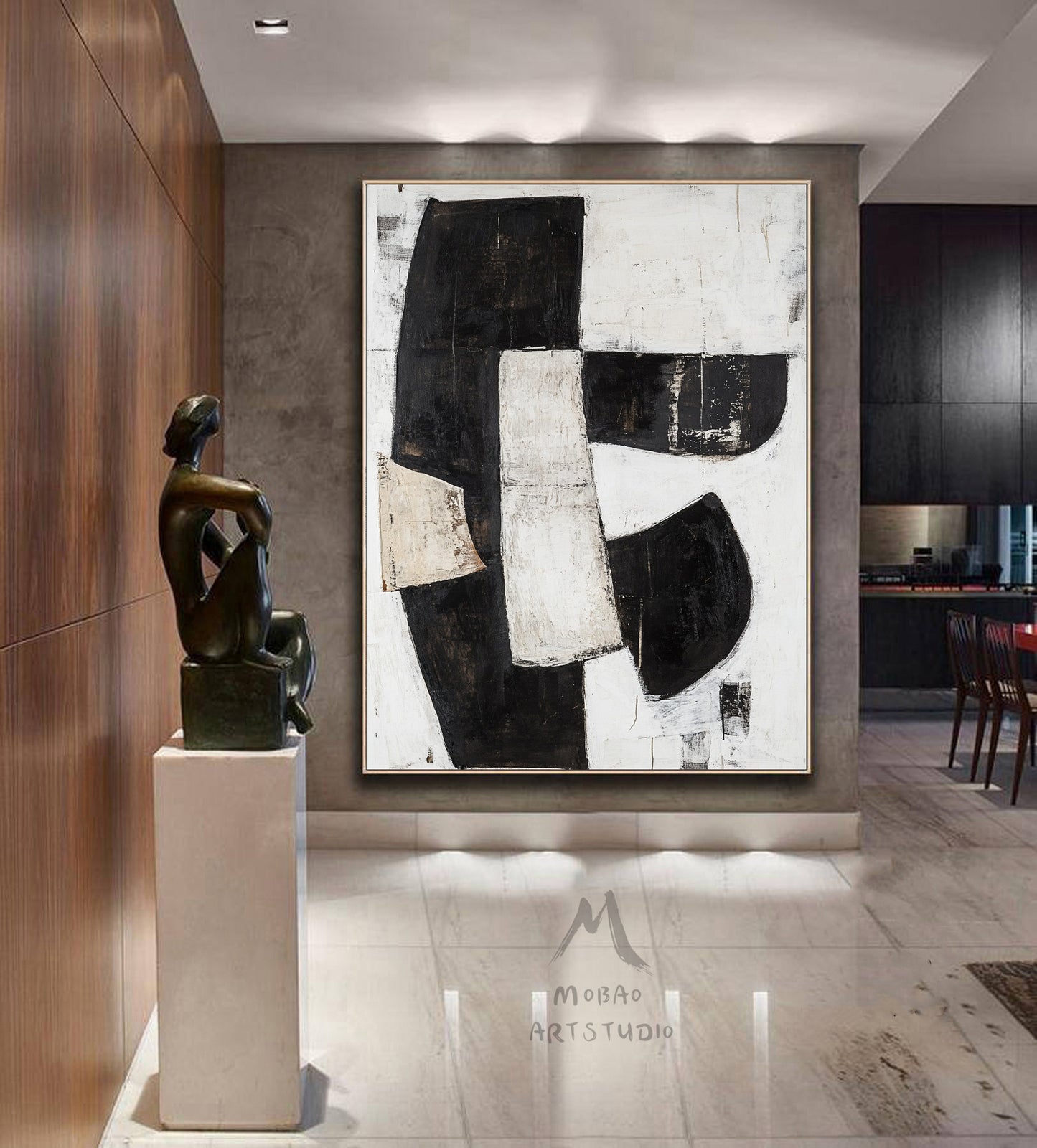 Black and white texture wall art, black minimalist painting, beige large wall painting, modern texture minimalist art painting, black wall decoration.