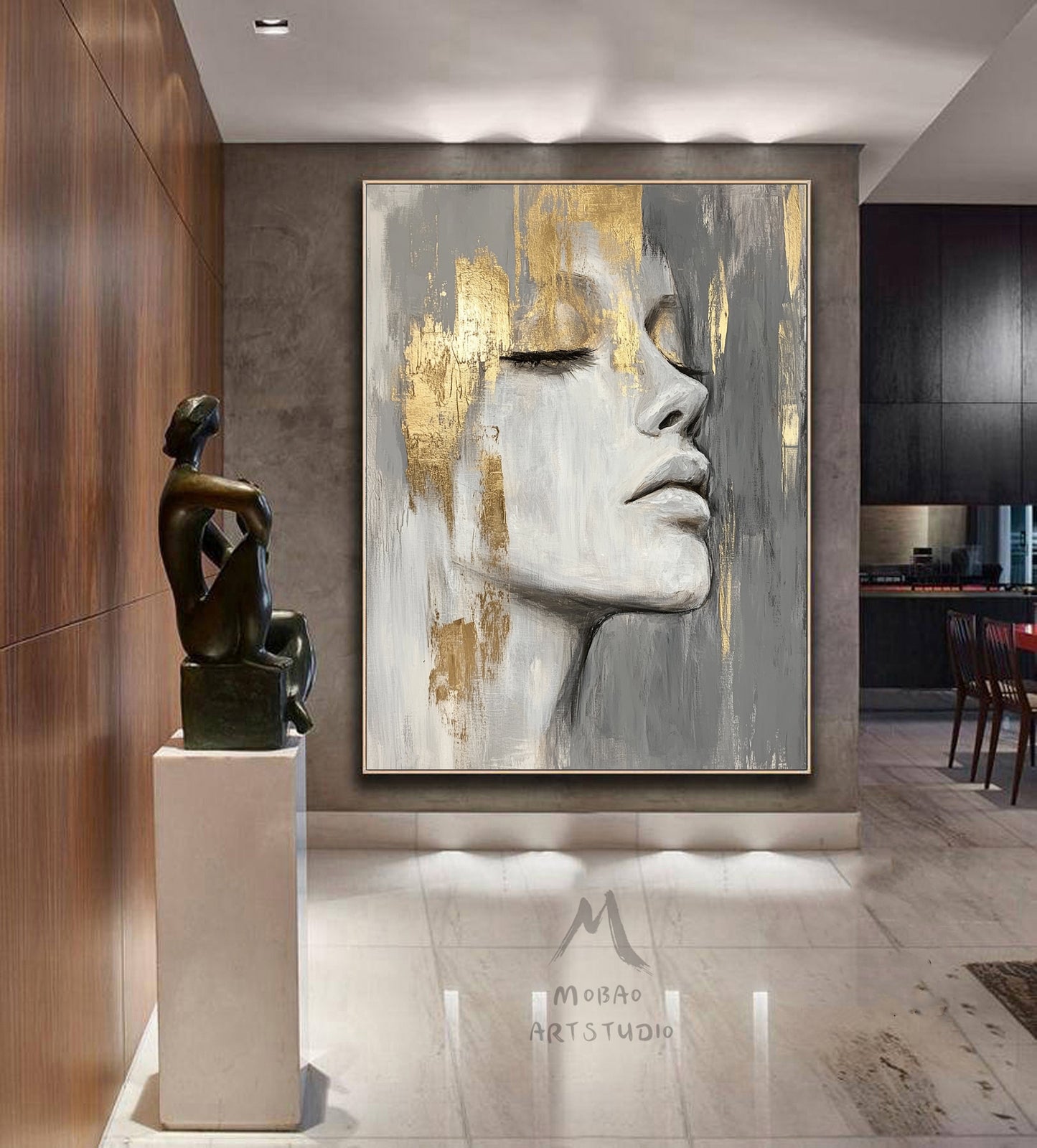 Large portrait large muscle bottom, white textured painting, black abstract painting, golden textured painting, white modern abstract painting. Golden abstract painting