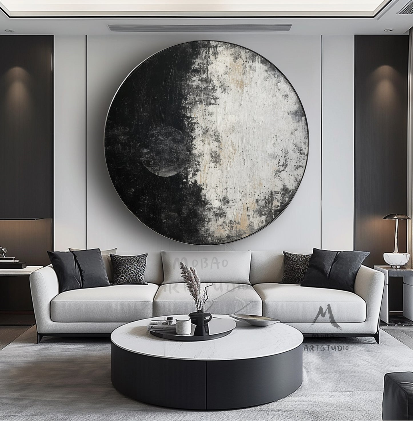 Circle White Abstract Art Black Textured Painting White Circle Abstract Art Painting Black and White Textured Wall Art Circle White Artwork