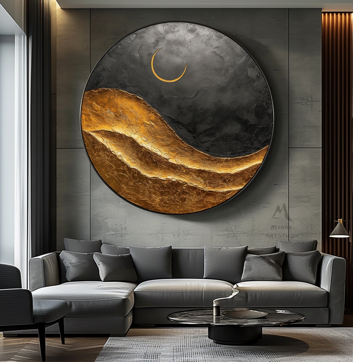 Large Circle Gold Abstract Painting,Black Abstract Painting,Gold Abstract Painting,Circle abstract painting On Canvas,Large wall art Decor painting