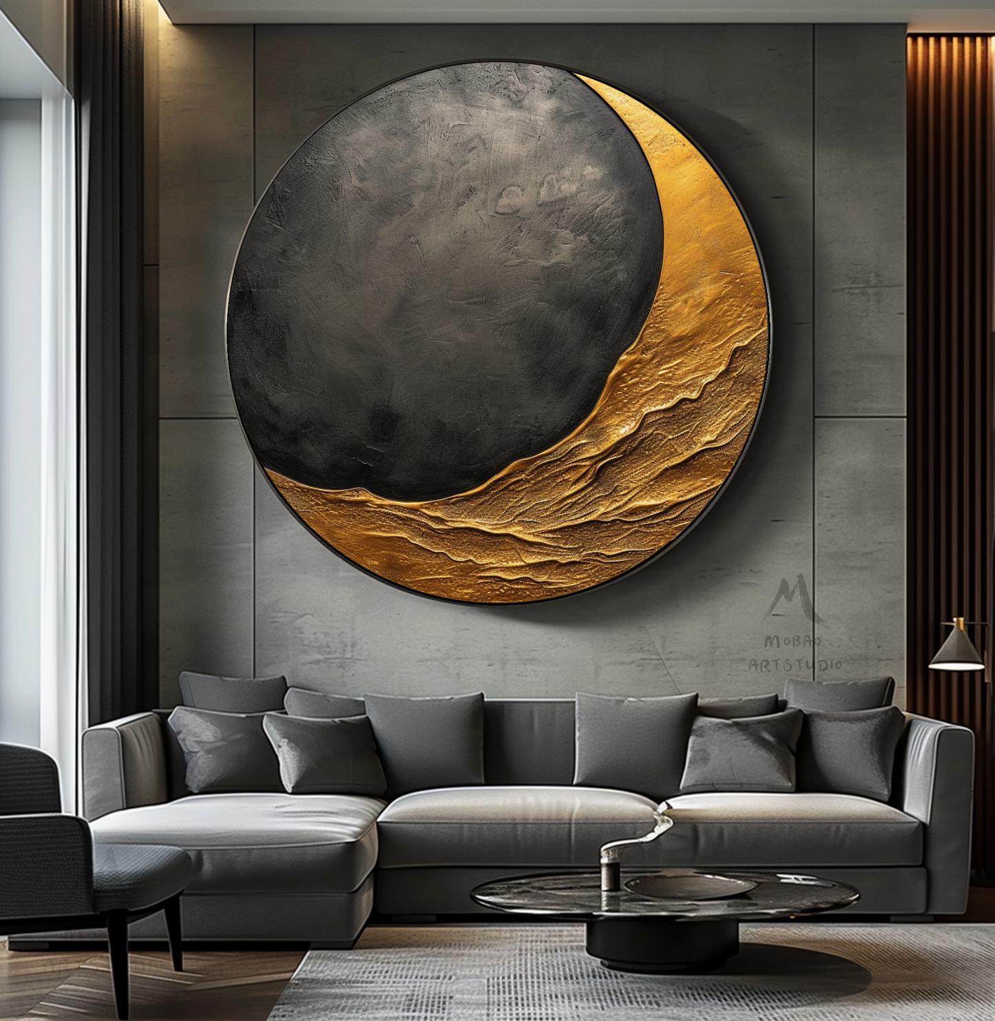 Gorgeous Gold and Black Abstract Circle Wall Art - Textured Modern and Stylish
