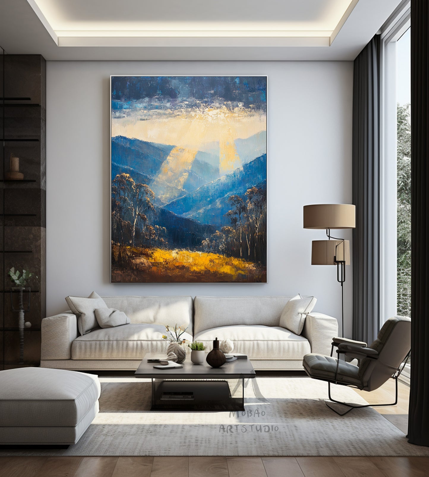 Golden abstract painting, original minimalist abstract painting, modern canvas wall art, yellow minimalist painting, blue large abstract painting