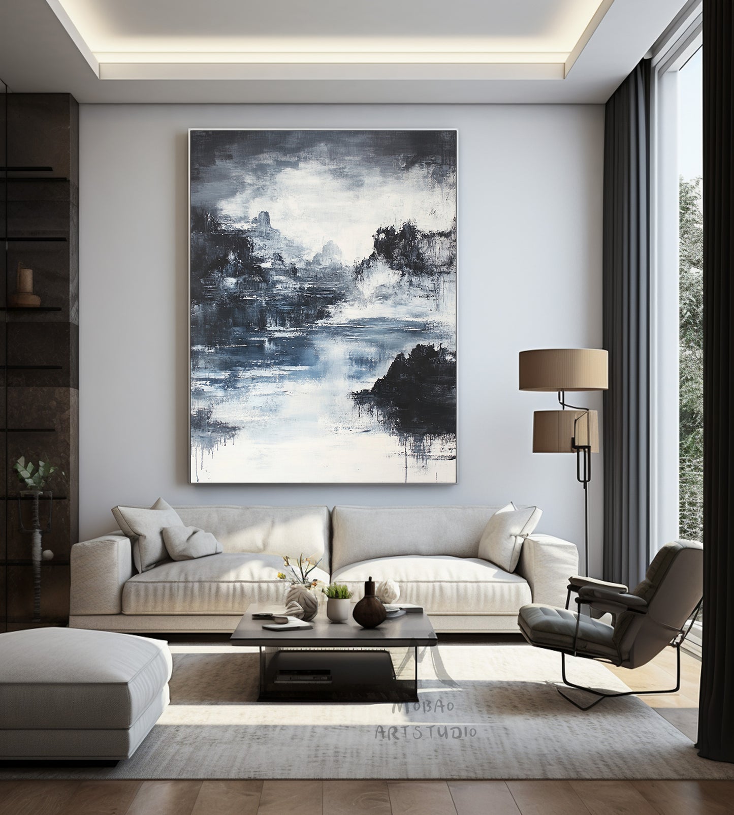 Large black 3D minimalist painting, white texture painting, black abstract painting, black 3D texture painting, white modern abstract painting