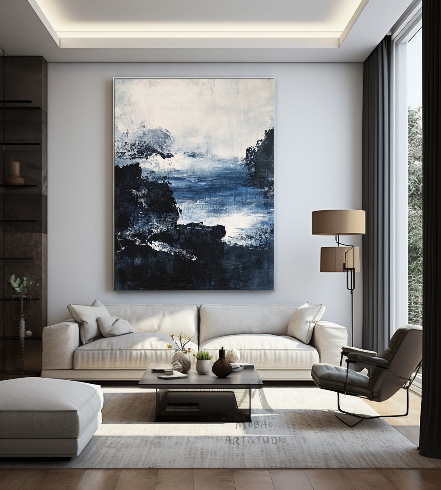 Large black 3D minimalist painting, white texture painting, blue painting, black 3D texture painting, white modern abstraction.