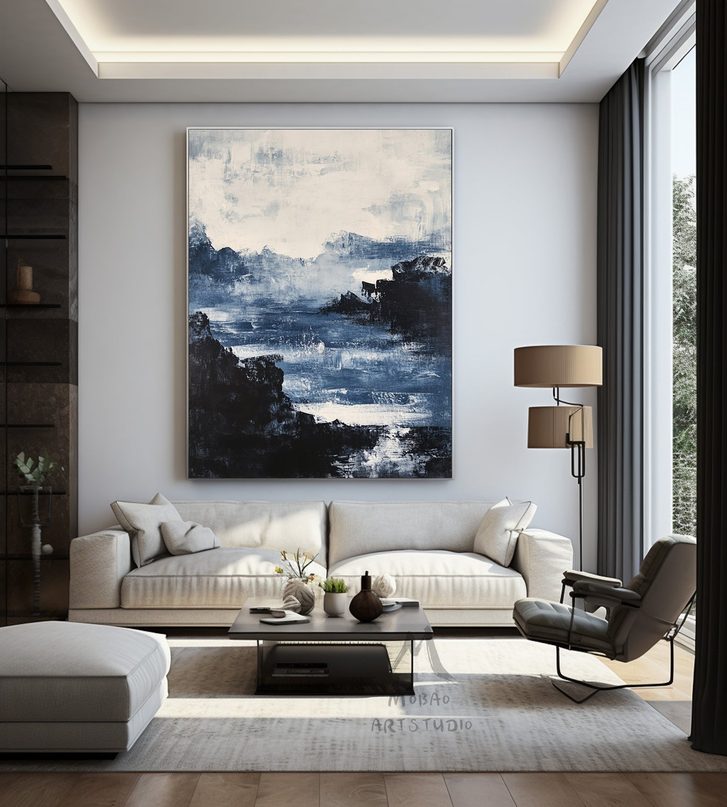 Large black 3D minimalist painting, white texture painting, blue painting, black 3D texture painting, white modern abstraction.