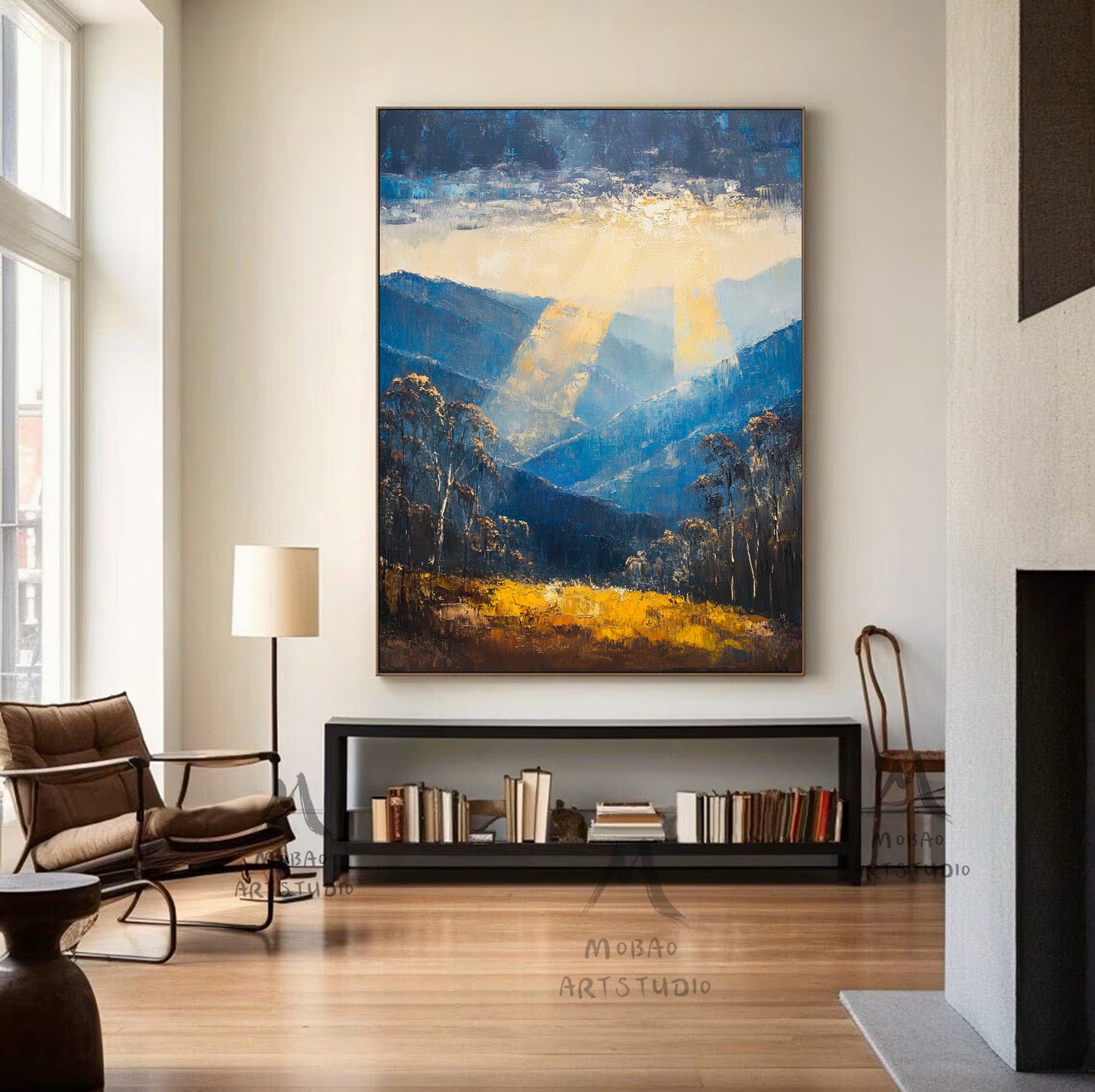 Golden abstract painting, original minimalist abstract painting, modern canvas wall art, yellow minimalist painting, blue large abstract painting