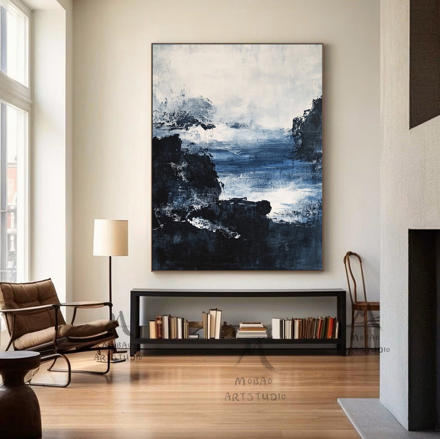 Large black 3D minimalist painting, white texture painting, blue painting, black 3D texture painting, white modern abstraction.
