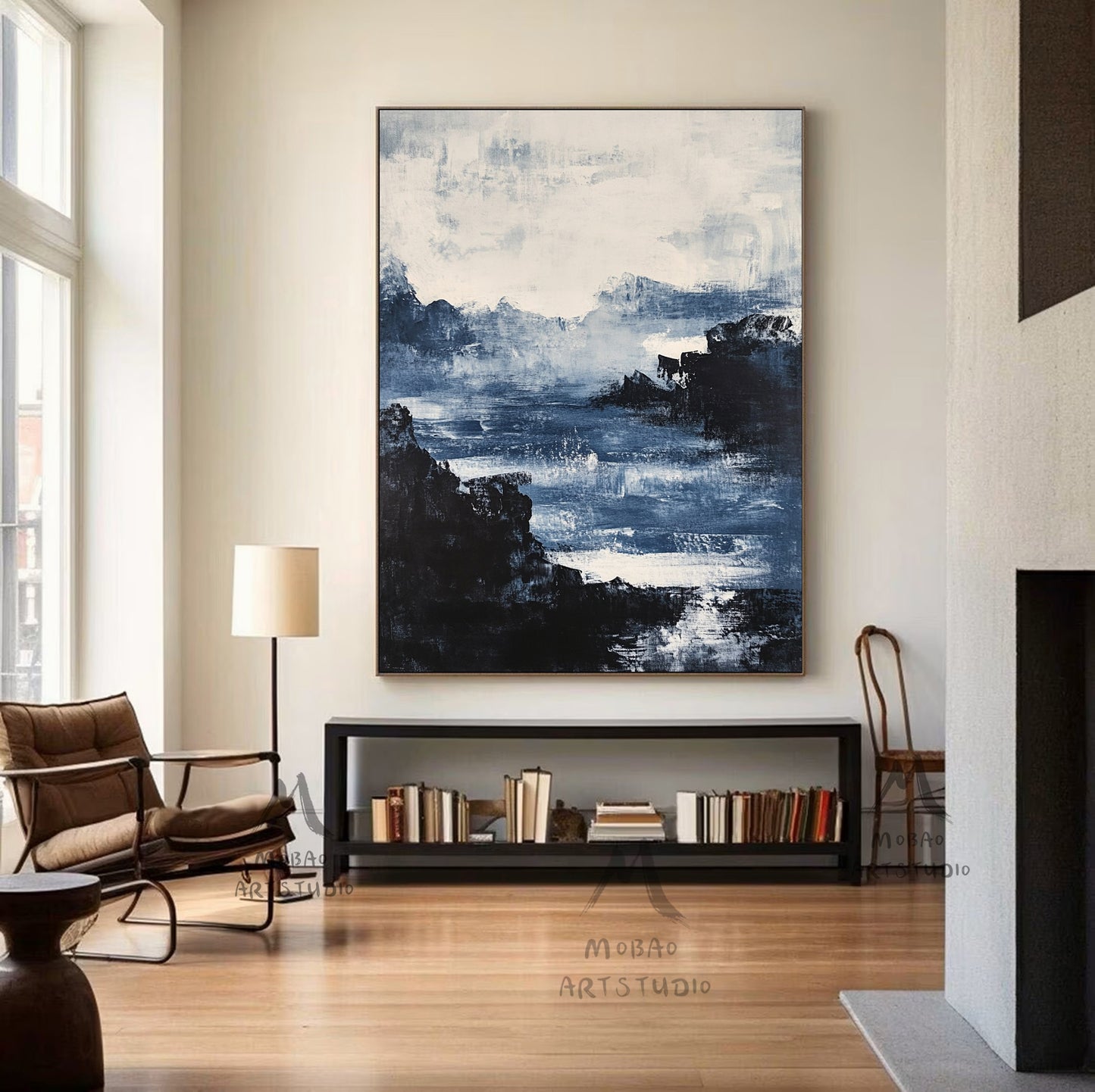 Large black 3D minimalist painting, white texture painting, blue painting, black 3D texture painting, white modern abstraction.