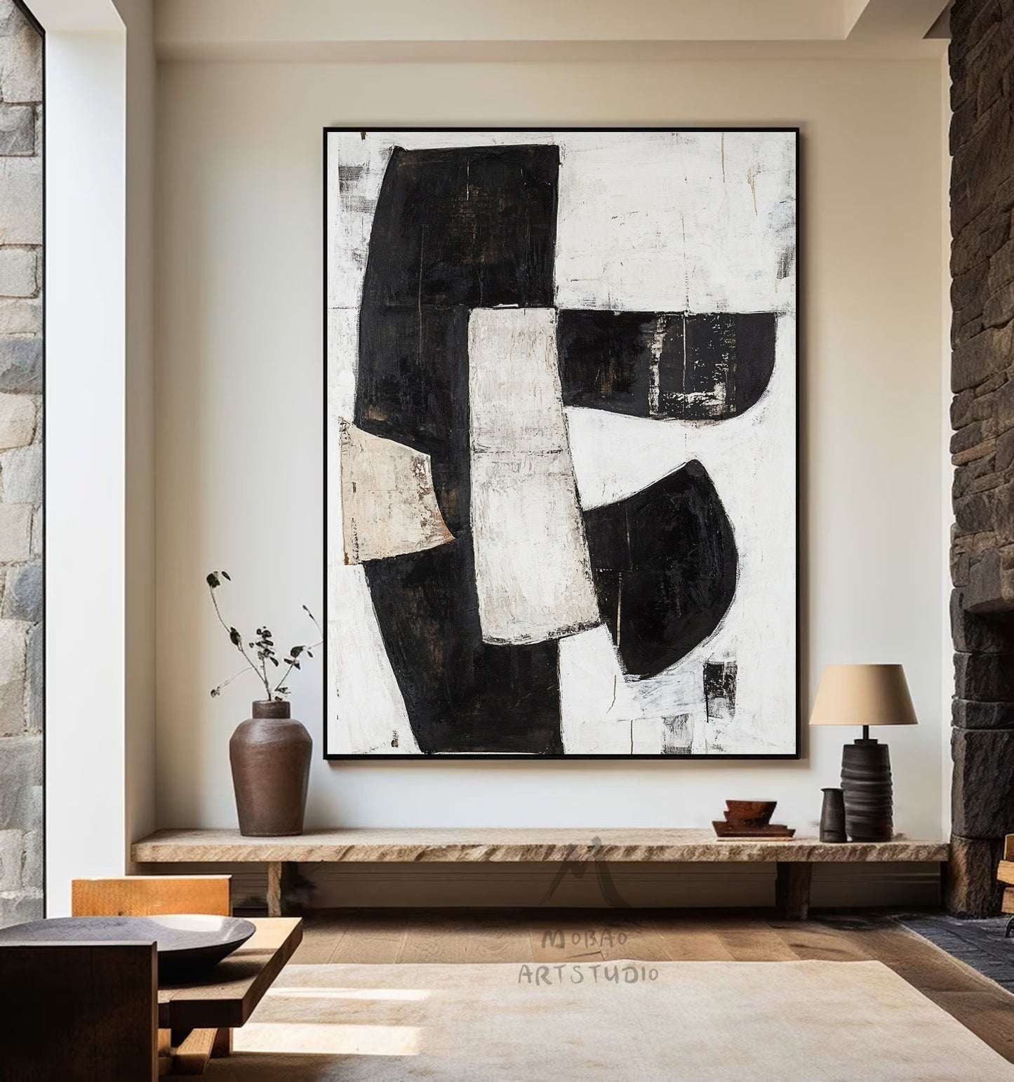 Black and white texture wall art, black minimalist painting, beige large wall painting, modern texture minimalist art painting, black wall decoration.