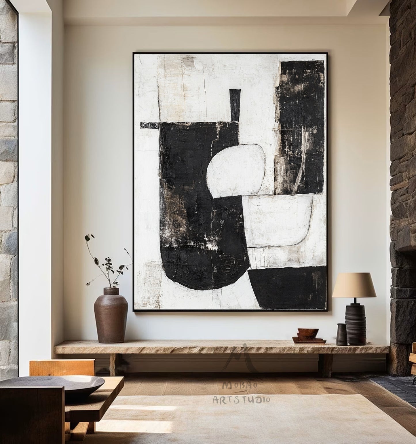 Black and white texture wall art, black minimalist painting, beige large wall painting, modern texture minimalist art painting, black wall decoration.