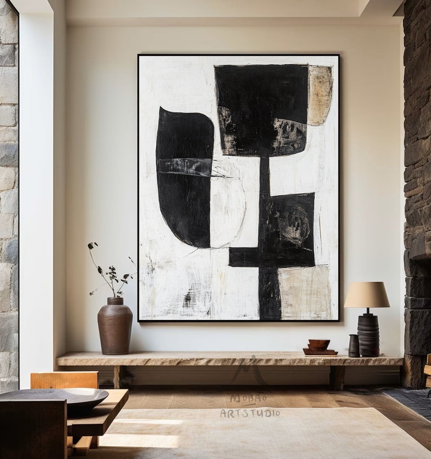 White Wabi Sabi Wall Art Boho Wall Art White Abstract Painting Black Minimalist Canvas Art Rich Textured Canvas Painting Large Neutral Art