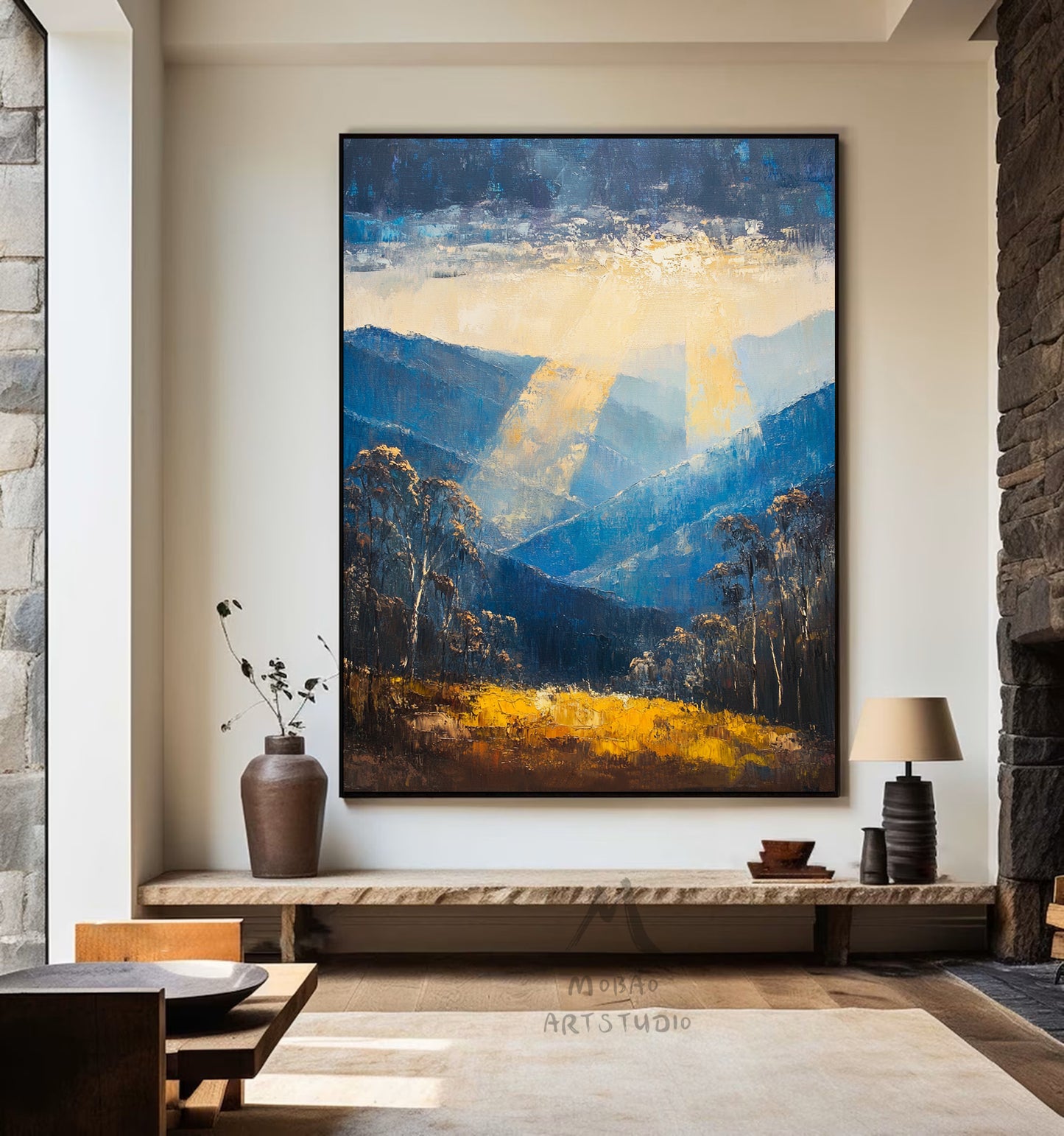 Golden abstract painting, original minimalist abstract painting, modern canvas wall art, yellow minimalist painting, blue large abstract painting