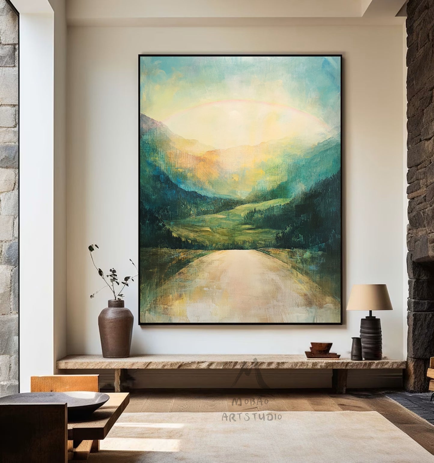 Green canvas painting, green abstract art, yellow minimalist painting, golden wall art, green canvas wall art, large green abstract painting