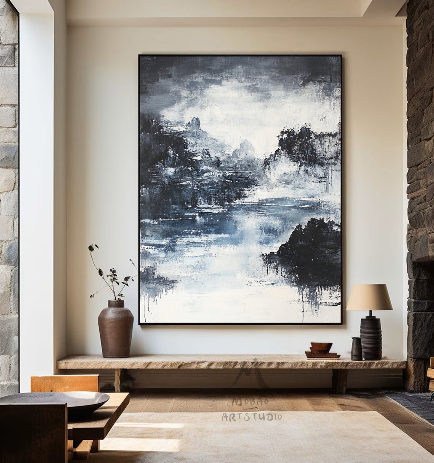 Large black 3D minimalist painting, white texture painting, black abstract painting, black 3D texture painting, white modern abstract painting