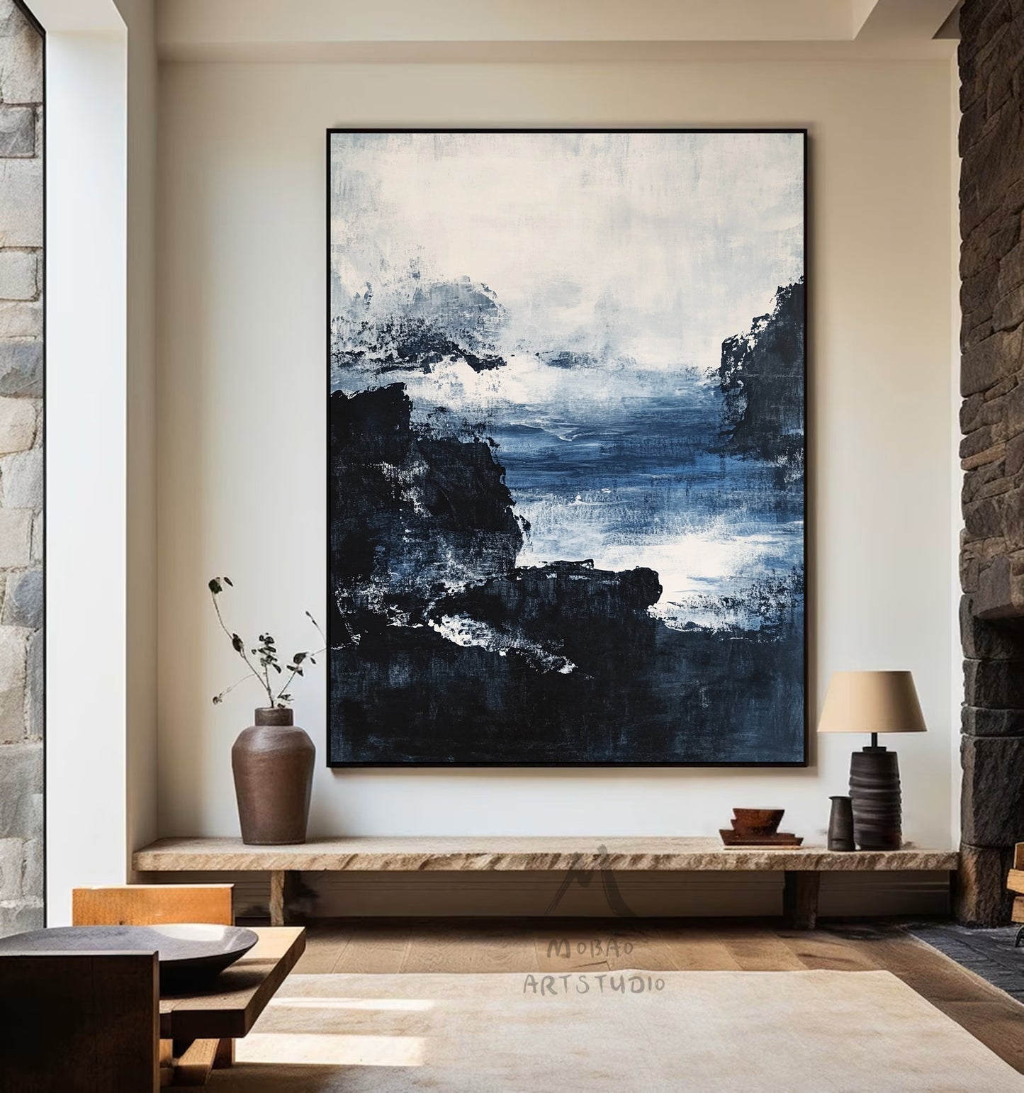 Large black 3D minimalist painting, white texture painting, blue painting, black 3D texture painting, white modern abstraction.