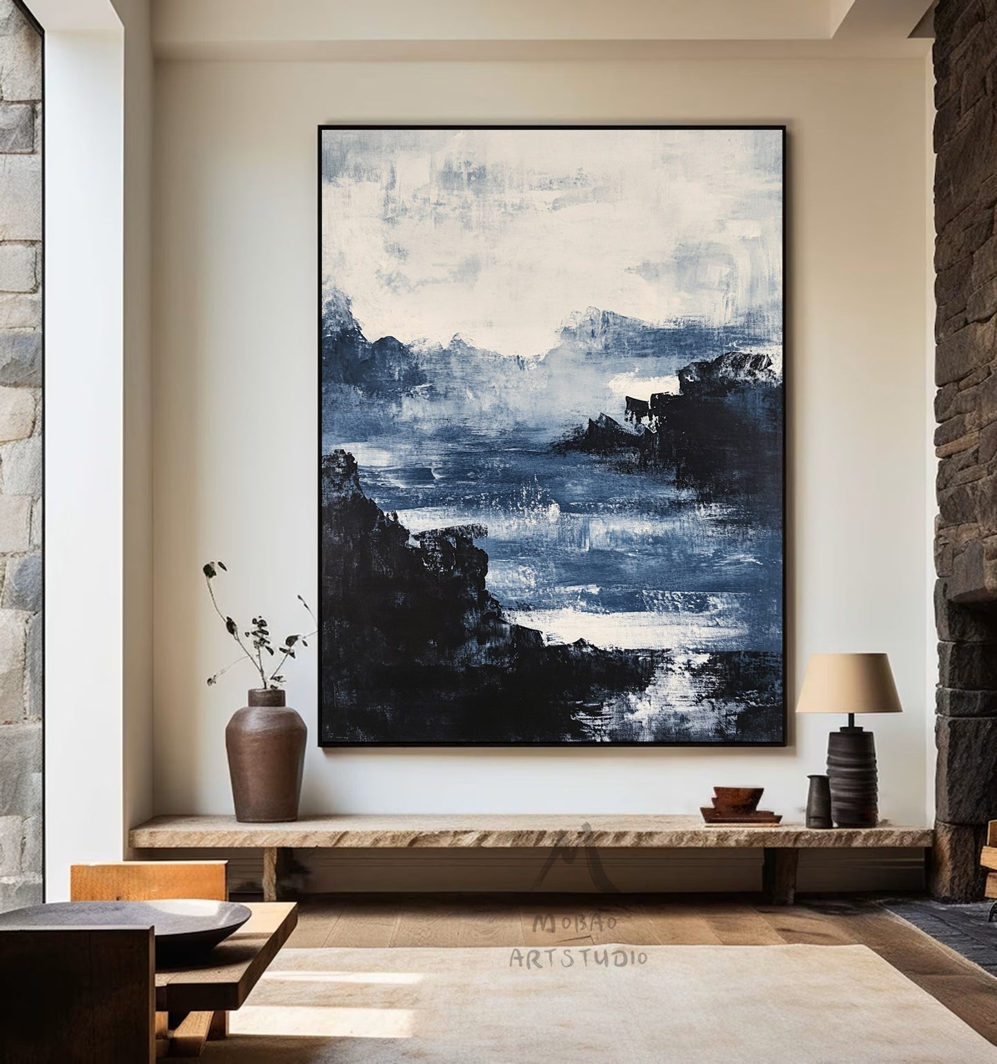 Large black 3D minimalist painting, white texture painting, blue painting, black 3D texture painting, white modern abstraction.