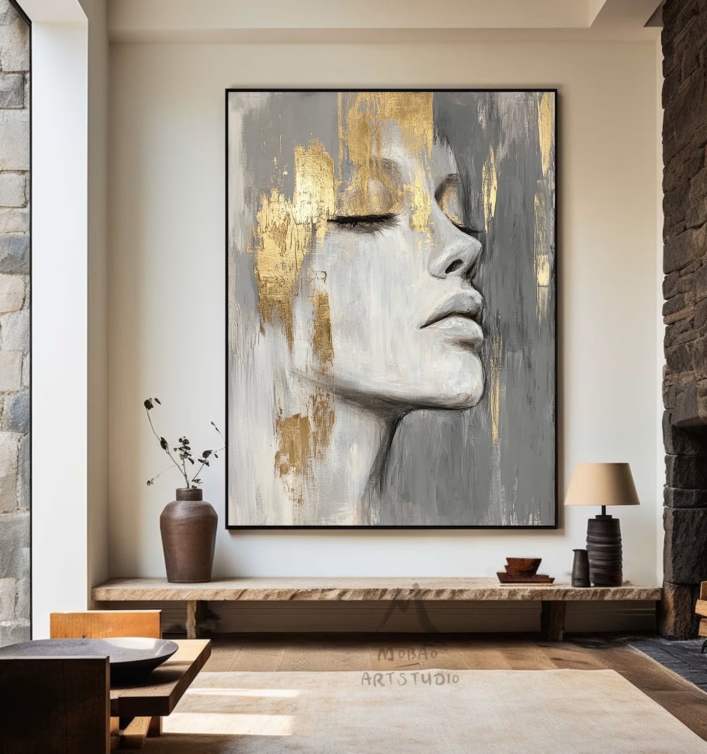 Large portrait large muscle bottom, white textured painting, black abstract painting, golden textured painting, white modern abstract painting. Golden abstract painting