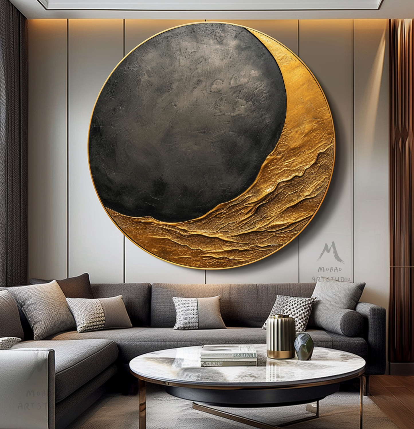 Gorgeous Gold and Black Abstract Circle Wall Art - Textured Modern and Stylish