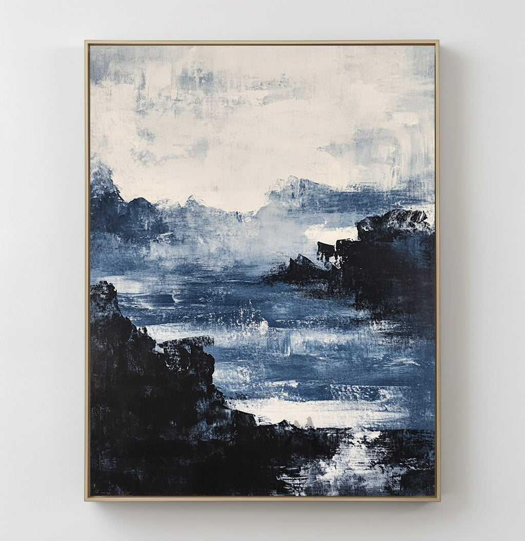 Large black 3D minimalist painting, white texture painting, blue painting, black 3D texture painting, white modern abstraction.