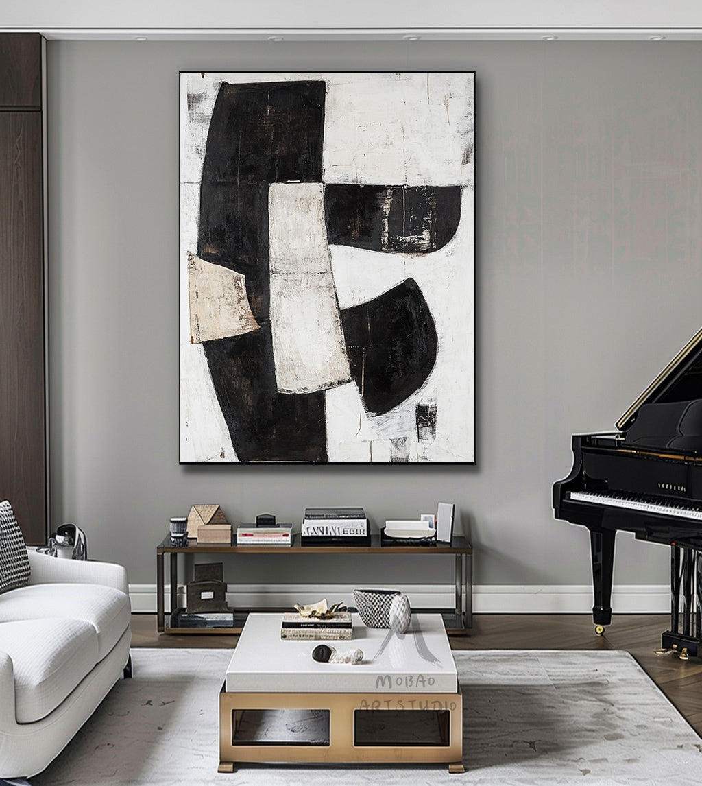 Black and white texture wall art, black minimalist painting, beige large wall painting, modern texture minimalist art painting, black wall decoration.