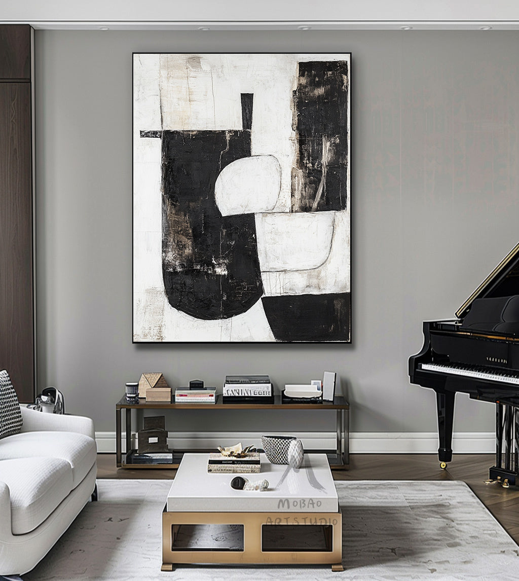 Black and white texture wall art, black minimalist painting, beige large wall painting, modern texture minimalist art painting, black wall decoration.