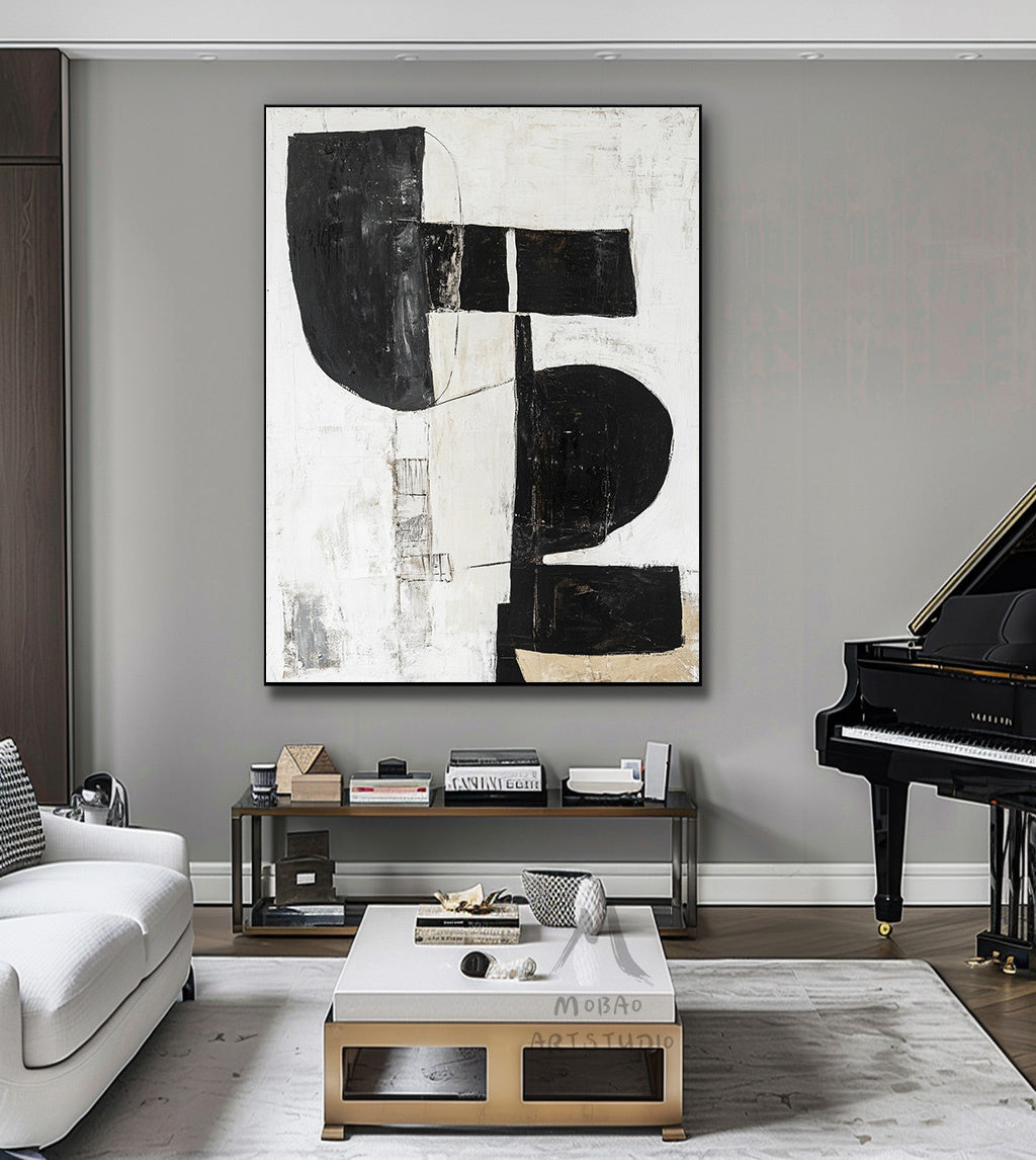 White Minimalist Painting, Black and White Abstract Painting Minimalist Art, Modern Wall Art Decor, Original Textured Painting On Canvas