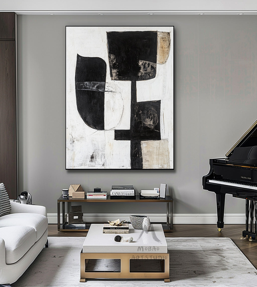 White Wabi Sabi Wall Art Boho Wall Art White Abstract Painting Black Minimalist Canvas Art Rich Textured Canvas Painting Large Neutral Art