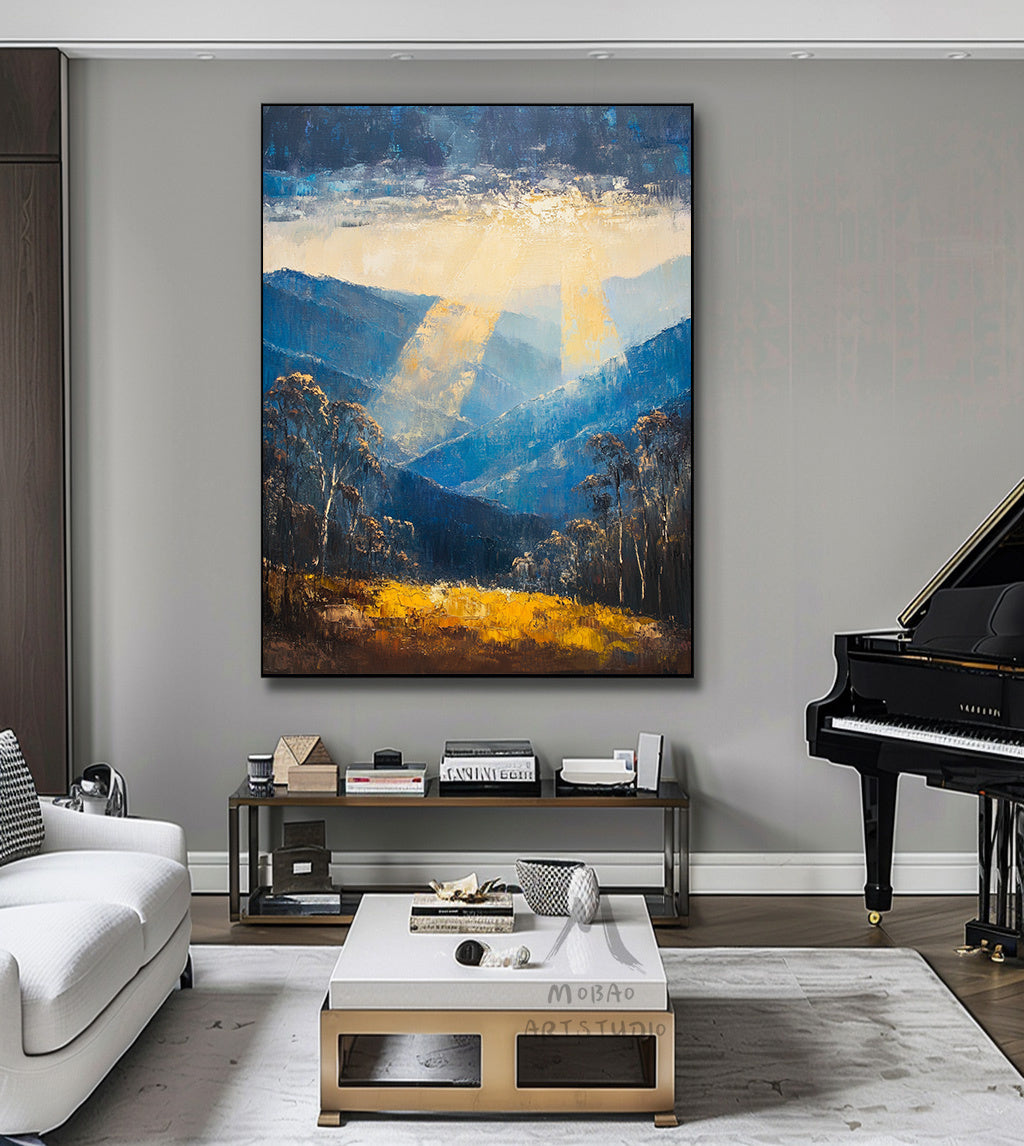 Golden abstract painting, original minimalist abstract painting, modern canvas wall art, yellow minimalist painting, blue large abstract painting