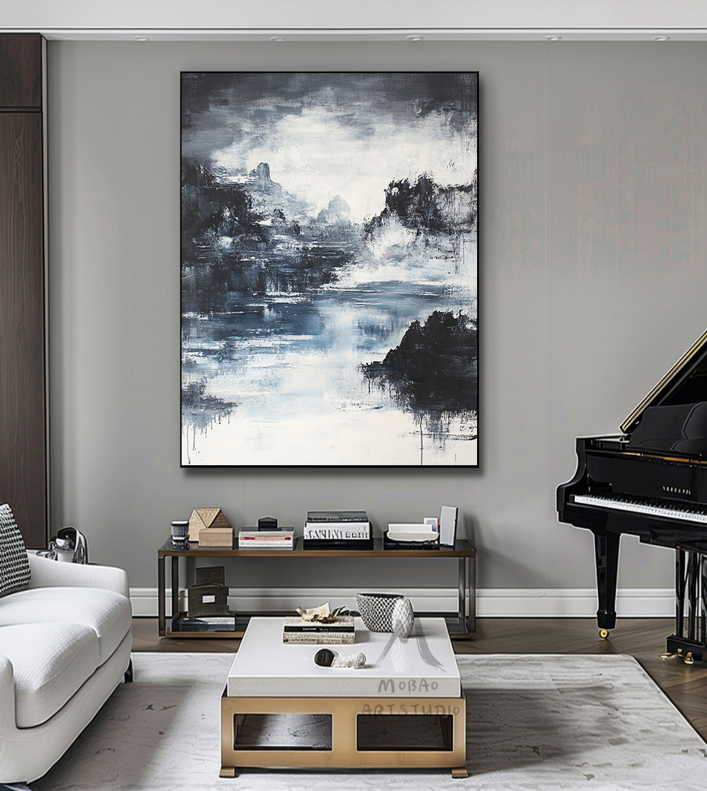Large black 3D minimalist painting, white texture painting, black abstract painting, black 3D texture painting, white modern abstract painting