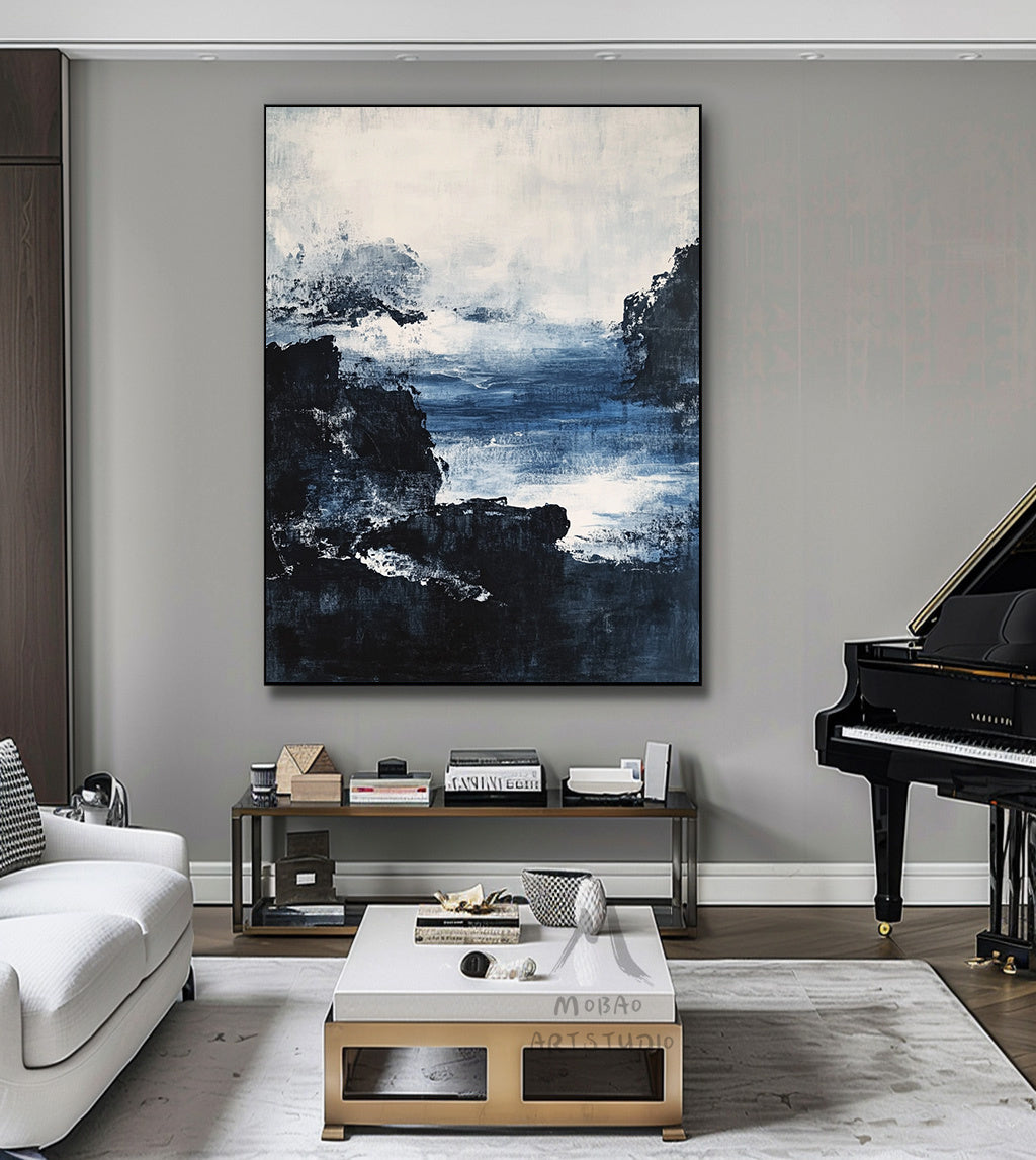 Large black 3D minimalist painting, white texture painting, blue painting, black 3D texture painting, white modern abstraction.