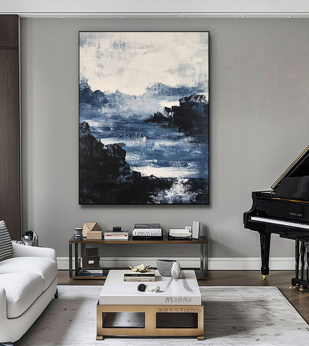 Large black 3D minimalist painting, white texture painting, blue painting, black 3D texture painting, white modern abstraction.