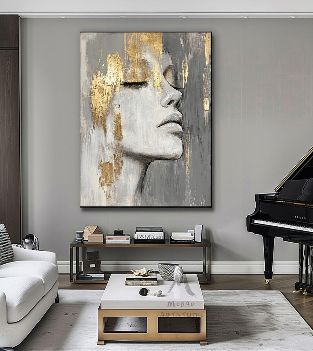 Large portrait large muscle bottom, white textured painting, black abstract painting, golden textured painting, white modern abstract painting. Golden abstract painting
