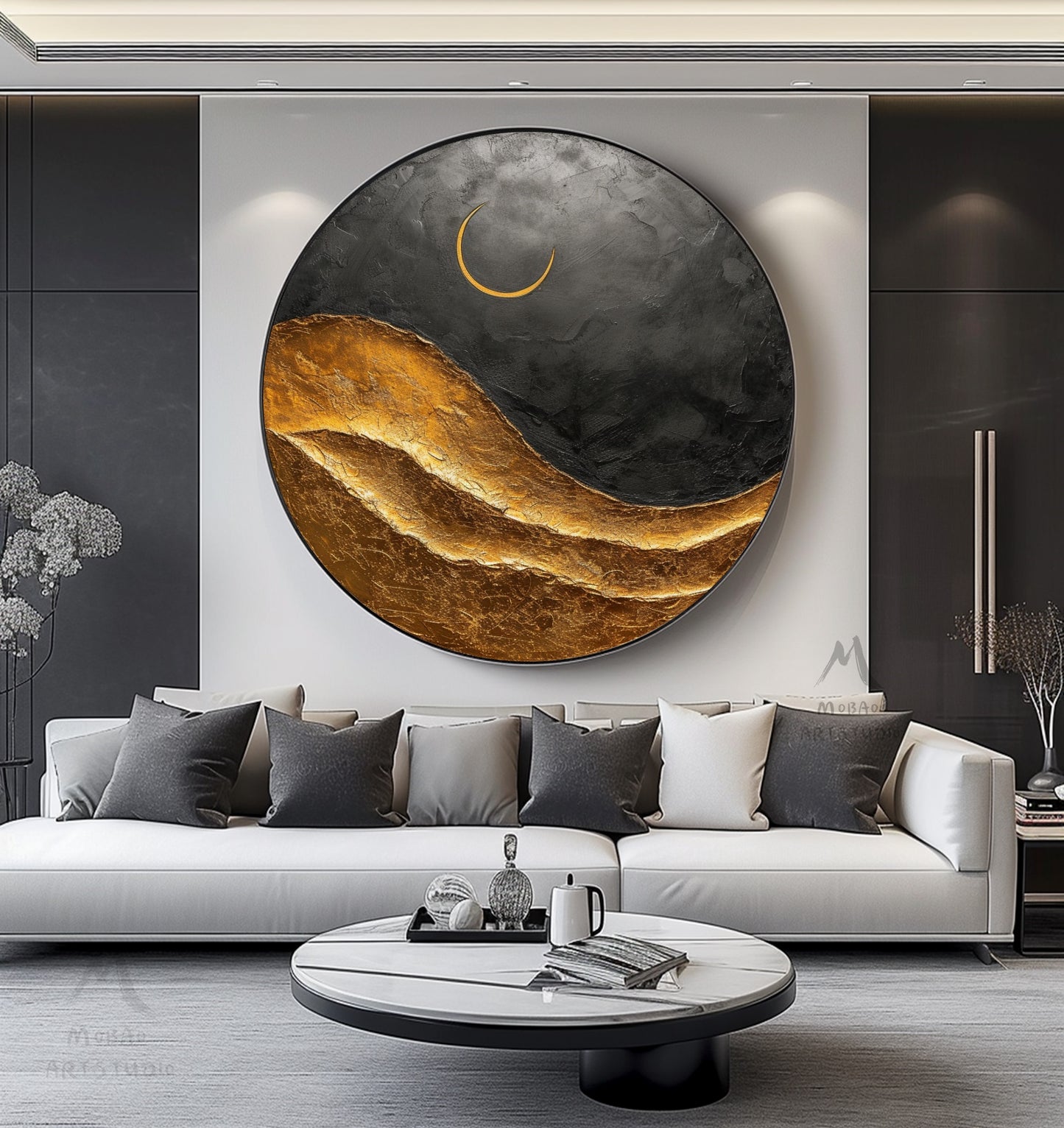 Large Circle Gold Abstract Painting,Black Abstract Painting,Gold Abstract Painting,Circle abstract painting On Canvas,Large wall art Decor painting