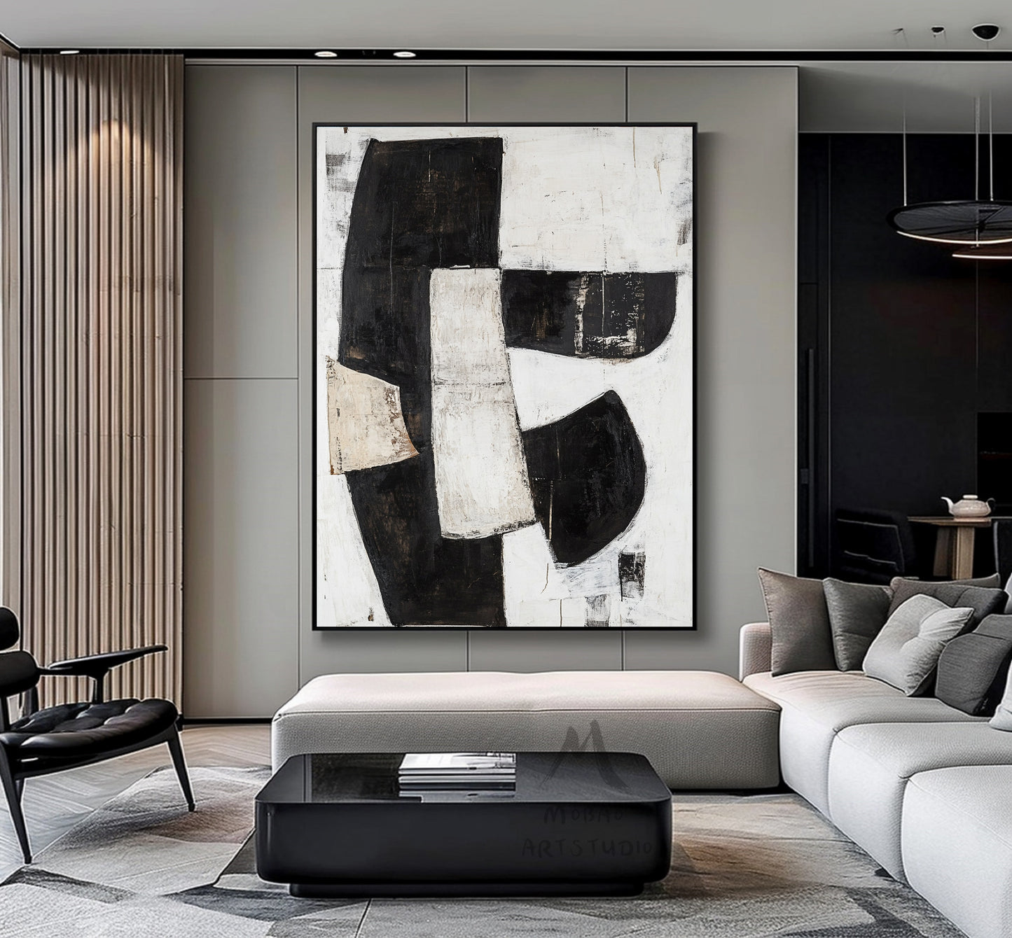 Black and white texture wall art, black minimalist painting, beige large wall painting, modern texture minimalist art painting, black wall decoration.