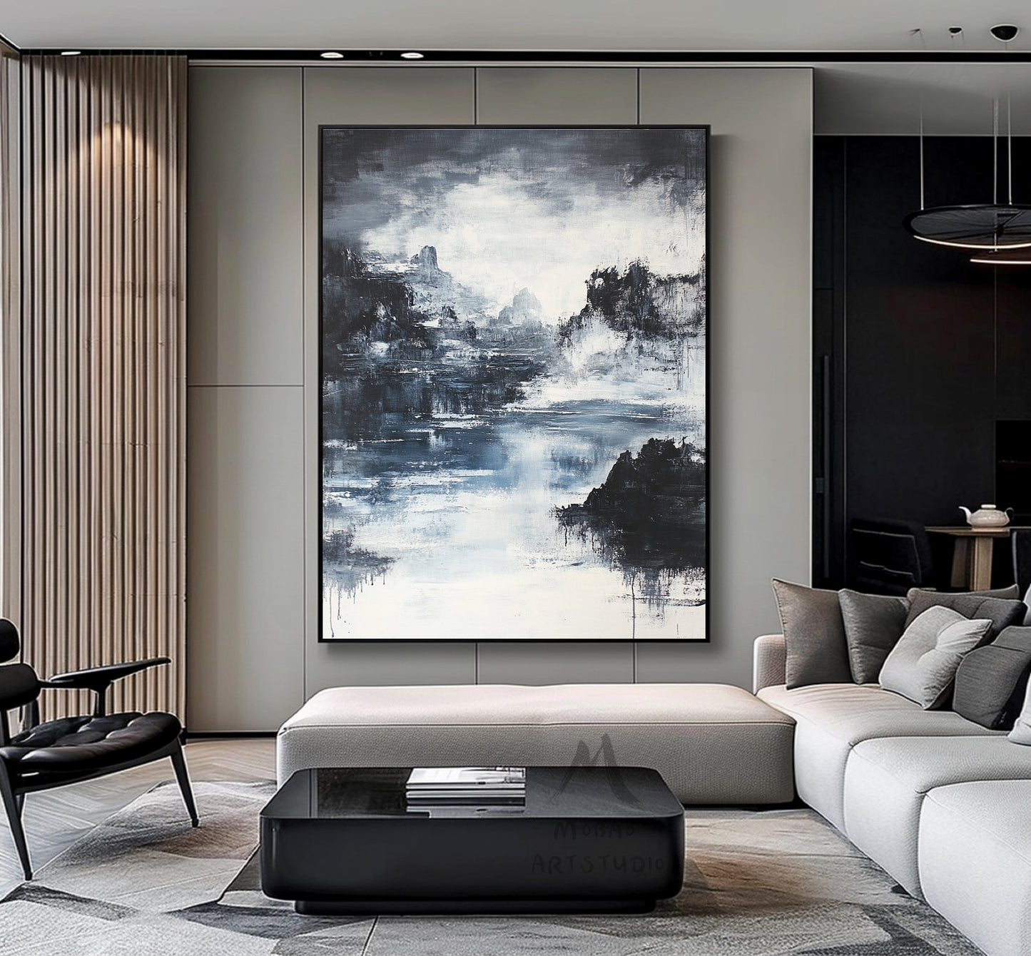Large black 3D minimalist painting, white texture painting, black abstract painting, black 3D texture painting, white modern abstract painting