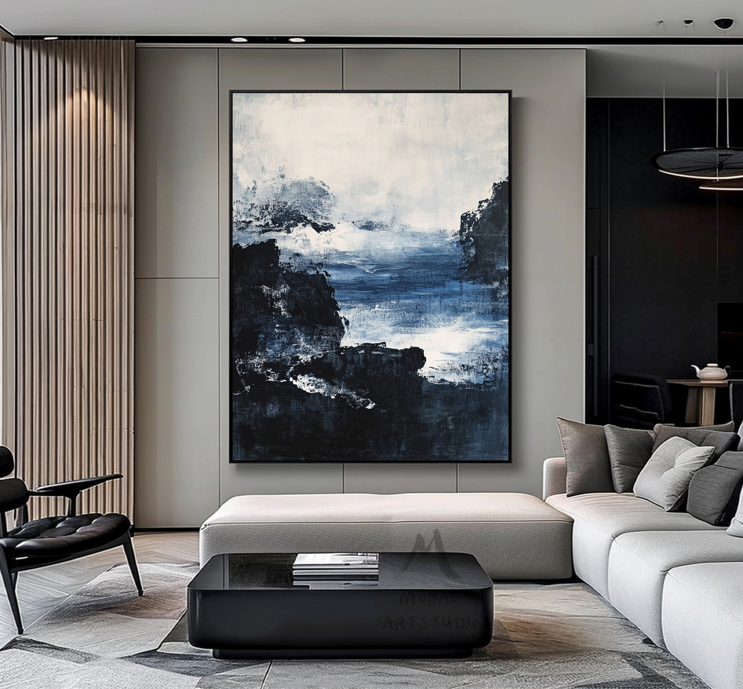 Large black 3D minimalist painting, white texture painting, blue painting, black 3D texture painting, white modern abstraction.