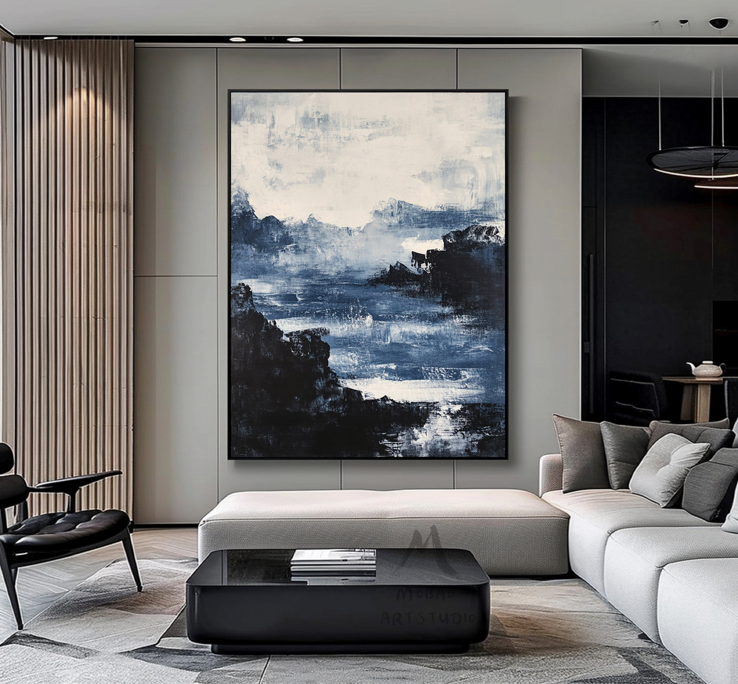 Large black 3D minimalist painting, white texture painting, blue painting, black 3D texture painting, white modern abstraction.