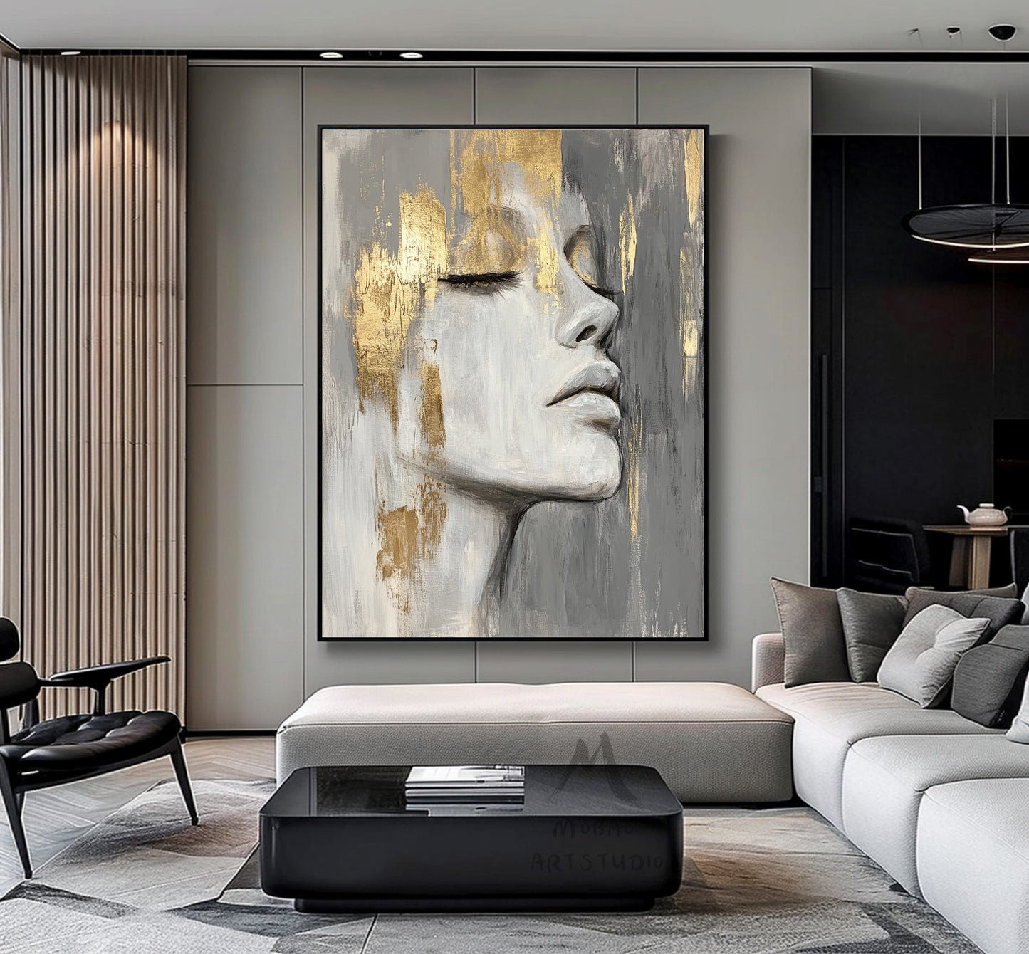 Large portrait large muscle bottom, white textured painting, black abstract painting, golden textured painting, white modern abstract painting. Golden abstract painting