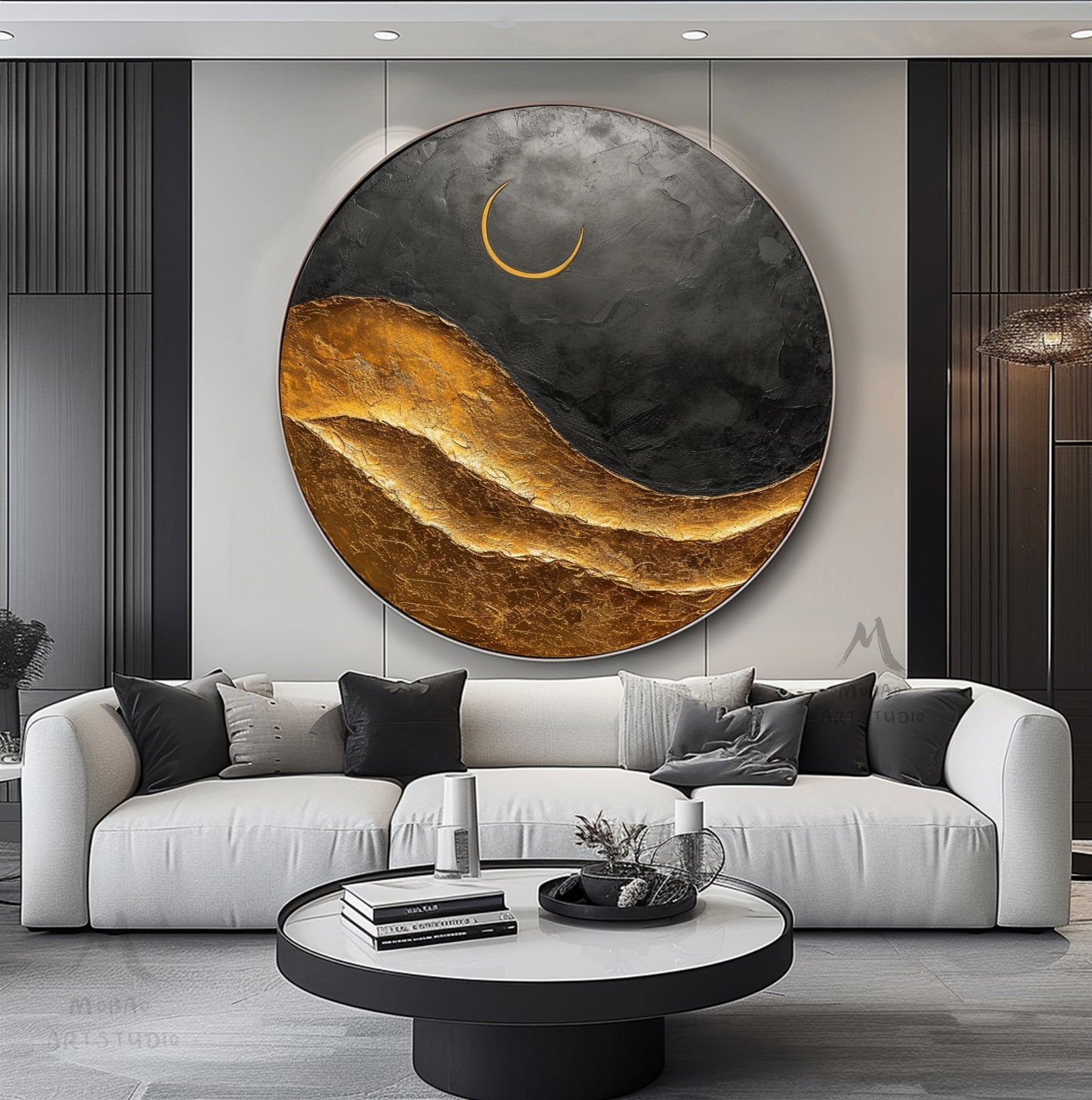 Large Circle Gold Abstract Painting,Black Abstract Painting,Gold Abstract Painting,Circle abstract painting On Canvas,Large wall art Decor painting