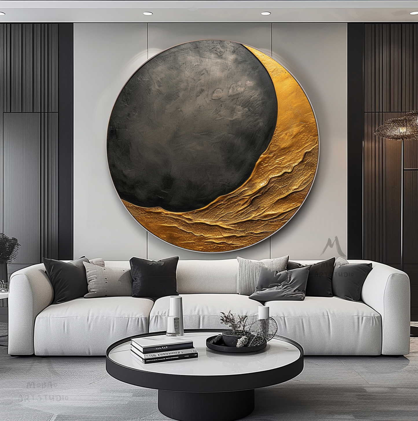 Gorgeous Gold and Black Abstract Circle Wall Art - Textured Modern and Stylish