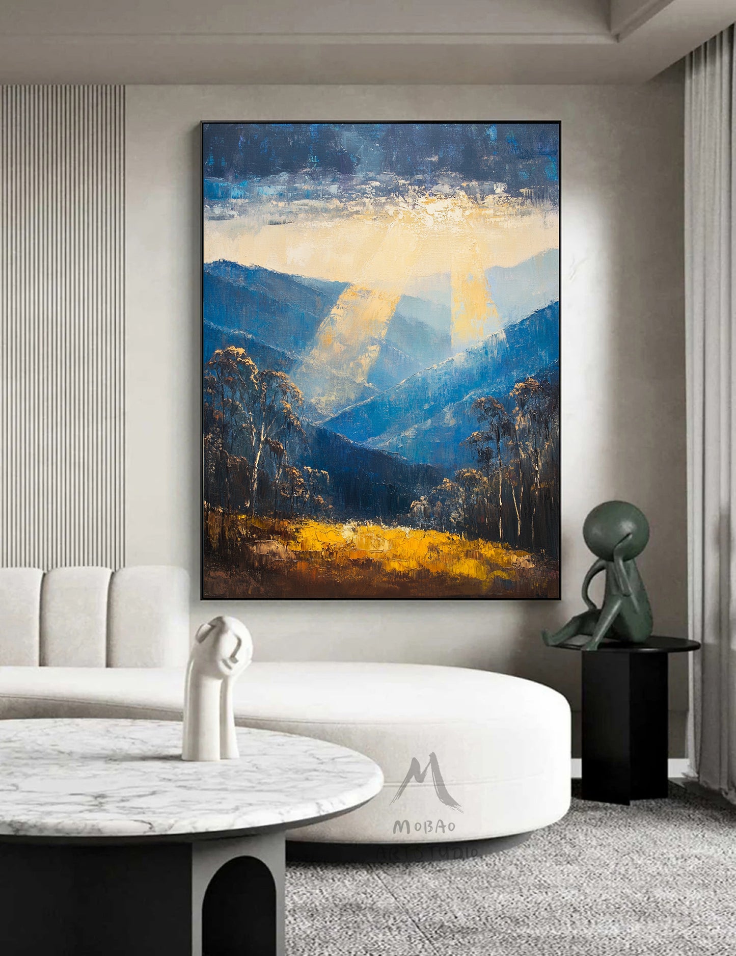 Golden abstract painting, original minimalist abstract painting, modern canvas wall art, yellow minimalist painting, blue large abstract painting