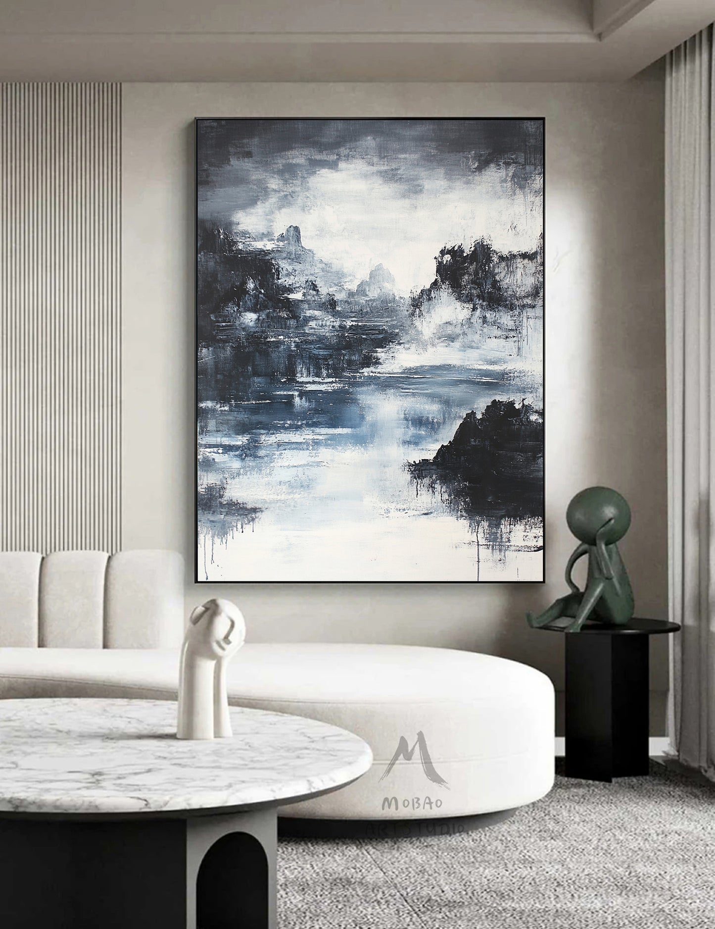 Large black 3D minimalist painting, white texture painting, black abstract painting, black 3D texture painting, white modern abstract painting