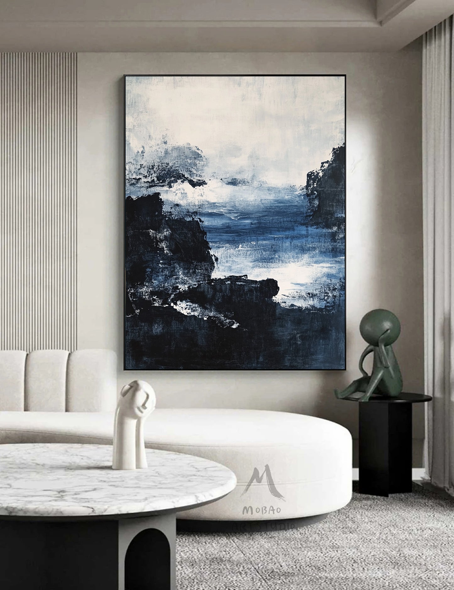 Large black 3D minimalist painting, white texture painting, blue painting, black 3D texture painting, white modern abstraction.