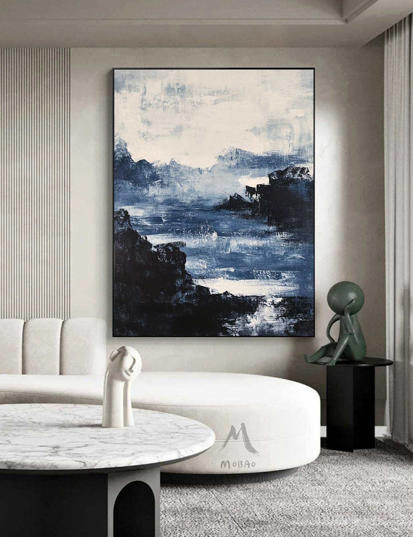 Large black 3D minimalist painting, white texture painting, blue painting, black 3D texture painting, white modern abstraction.