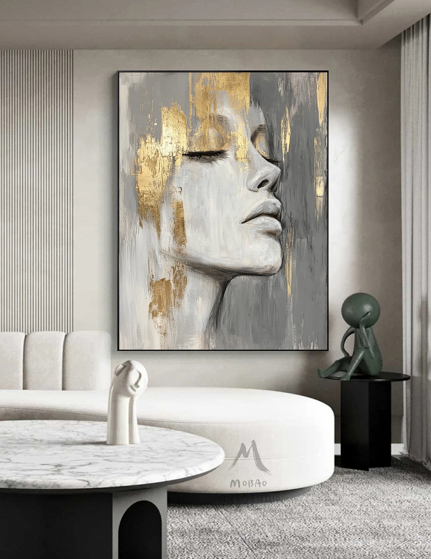 Large portrait large muscle bottom, white textured painting, black abstract painting, golden textured painting, white modern abstract painting. Golden abstract painting