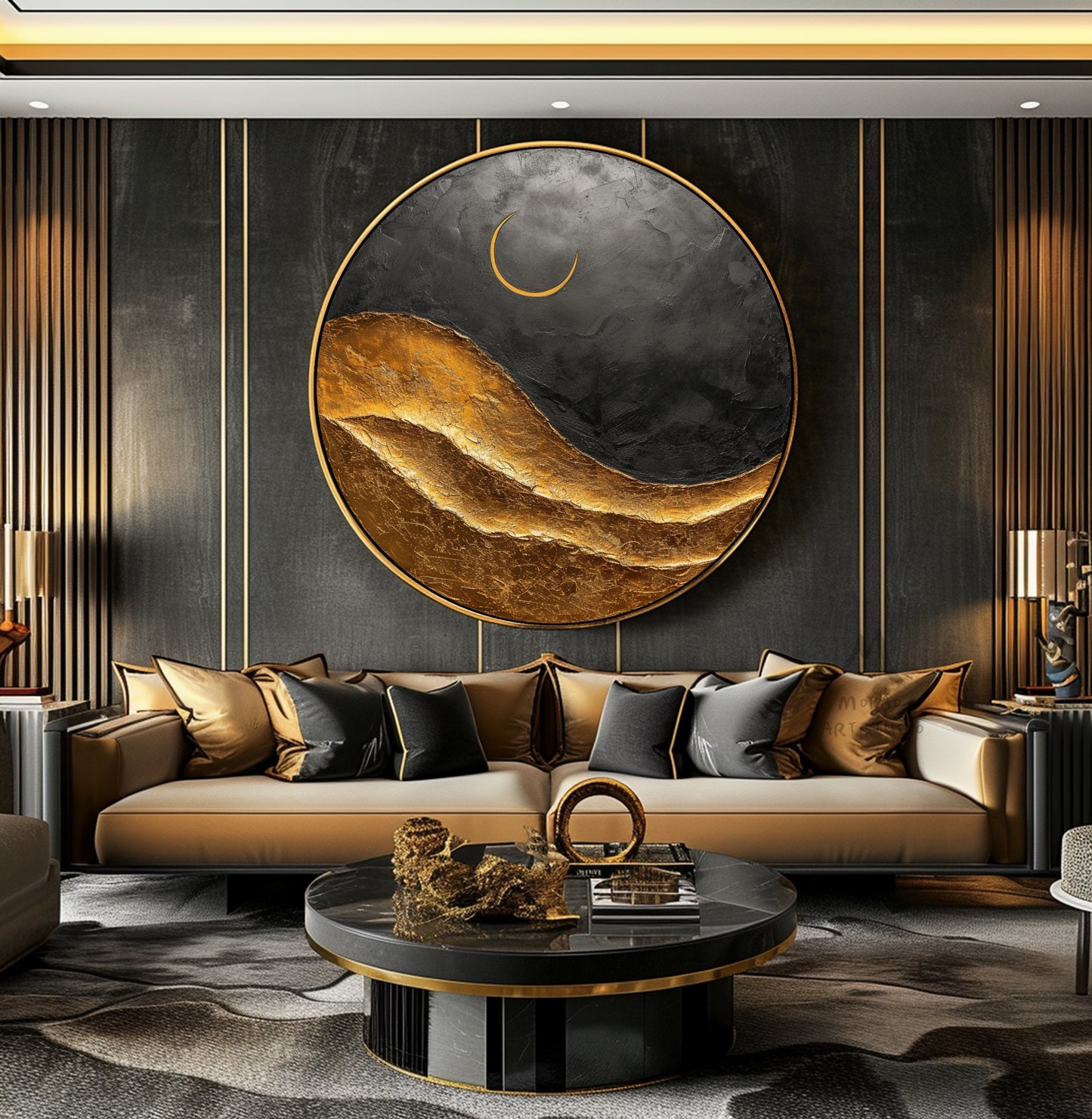 Large Circle Gold Abstract Painting,Black Abstract Painting,Gold Abstract Painting,Circle abstract painting On Canvas,Large wall art Decor painting