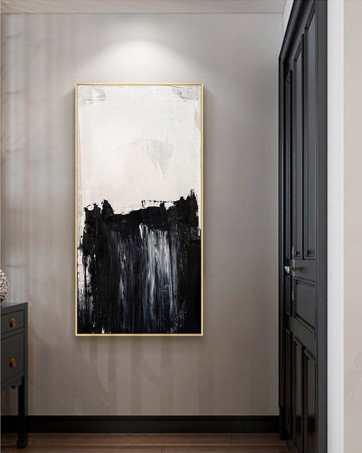Large Black and whit abstract oil painting, Minimalist abstract painting, Scenes of people fishing on the cliffs were painted on canvas