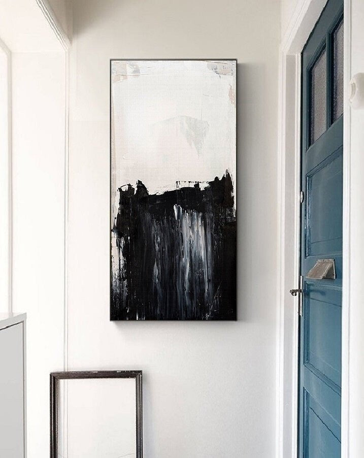 Large Black and whit abstract oil painting, Minimalist abstract painting, Scenes of people fishing on the cliffs were painted on canvas