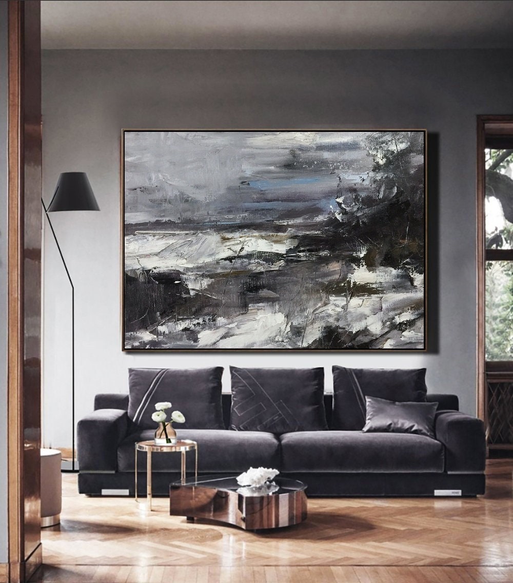 Large Black White Abstract Painting, Texture Abstract Painting, Large Minimalist abstract Painting, Large Canvas Art, Extra large wall art